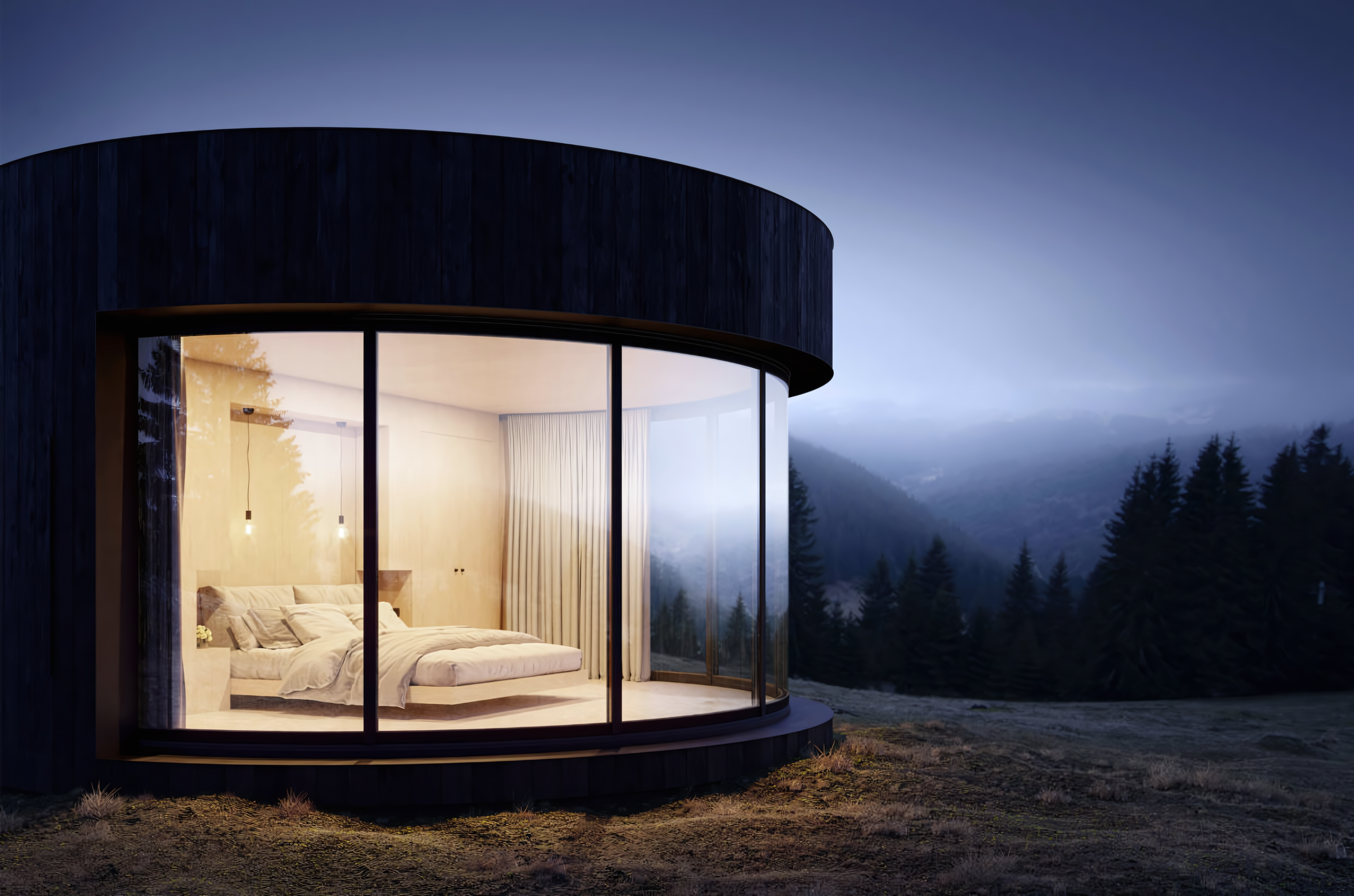 Maison ronde en bois avec vue panoramique, design moderne et ouvert pour une expérience de vie luxueuse, idéale pour les campings et les locations Airbnb